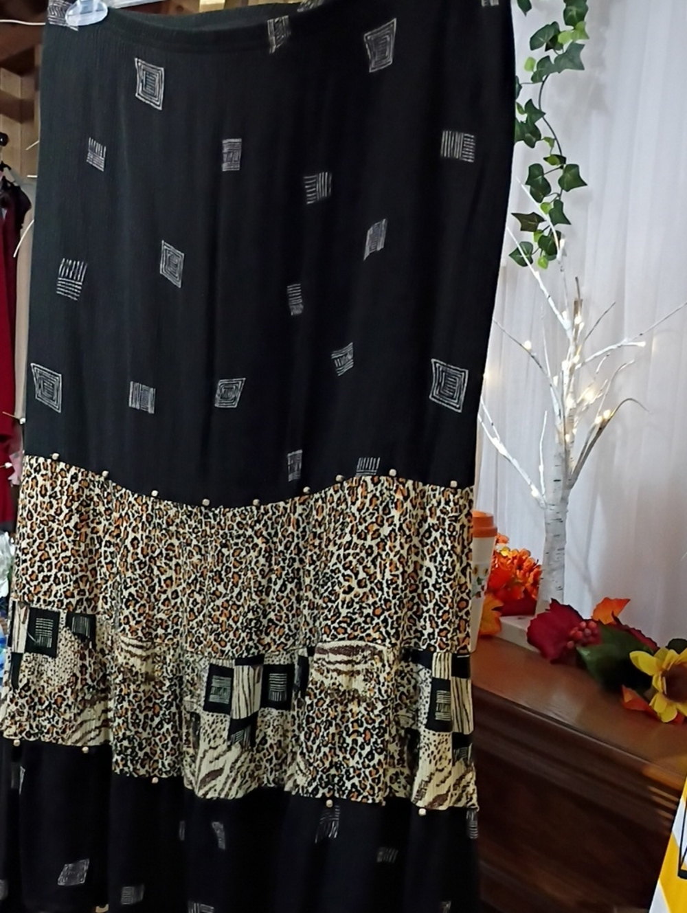 Black Leopard Tiered Maxi Skirt with Geometric Accents